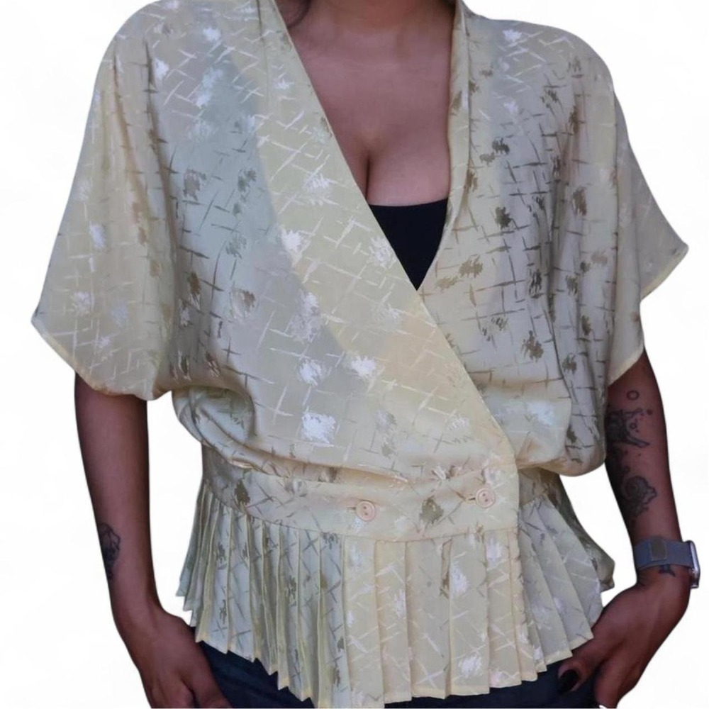 80s Semi - Sheer Yellow Jacquard Peplum Top